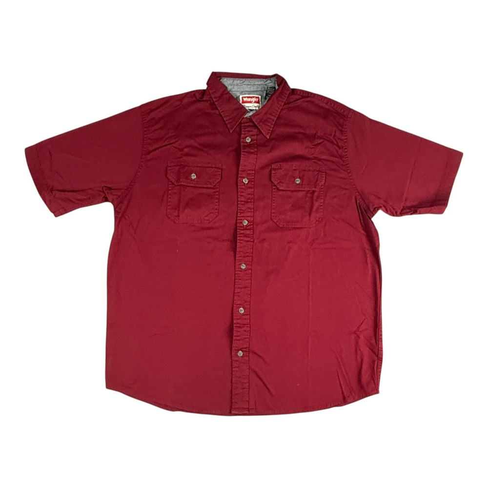 Wrangler Shirt Mens Large Burgundy Short Sleeve Cotton Rodeo Work Western Ranch
